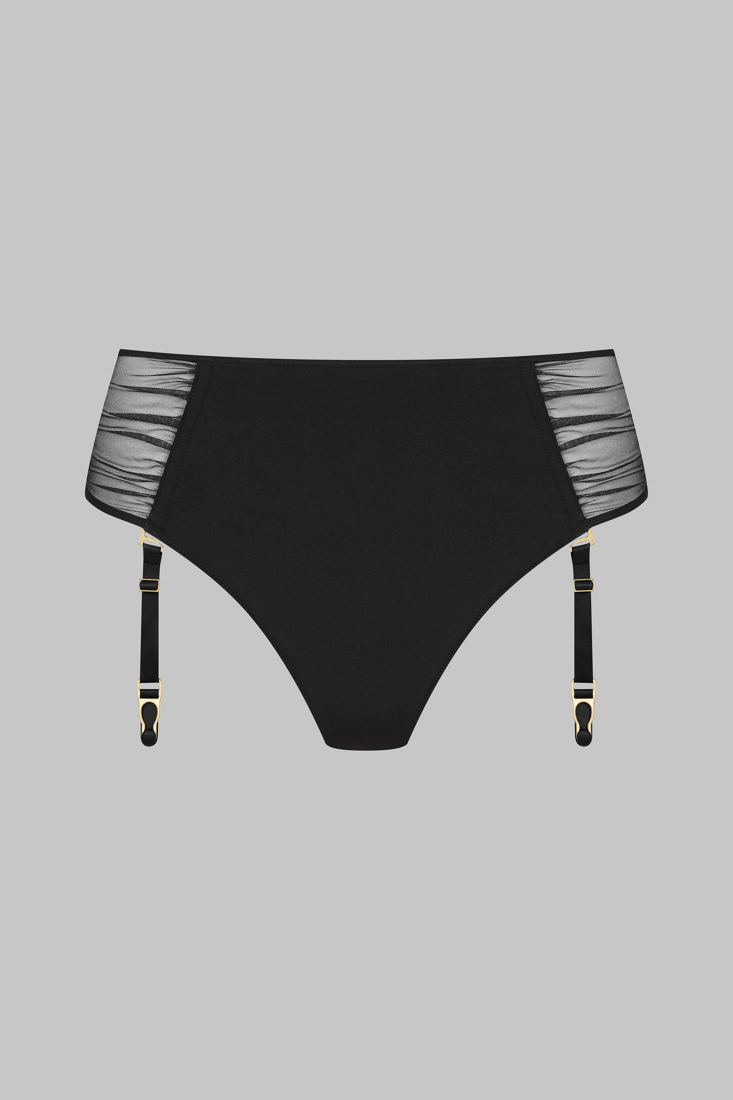 Openable high waist tanga with suspenders - Nuit Fauve