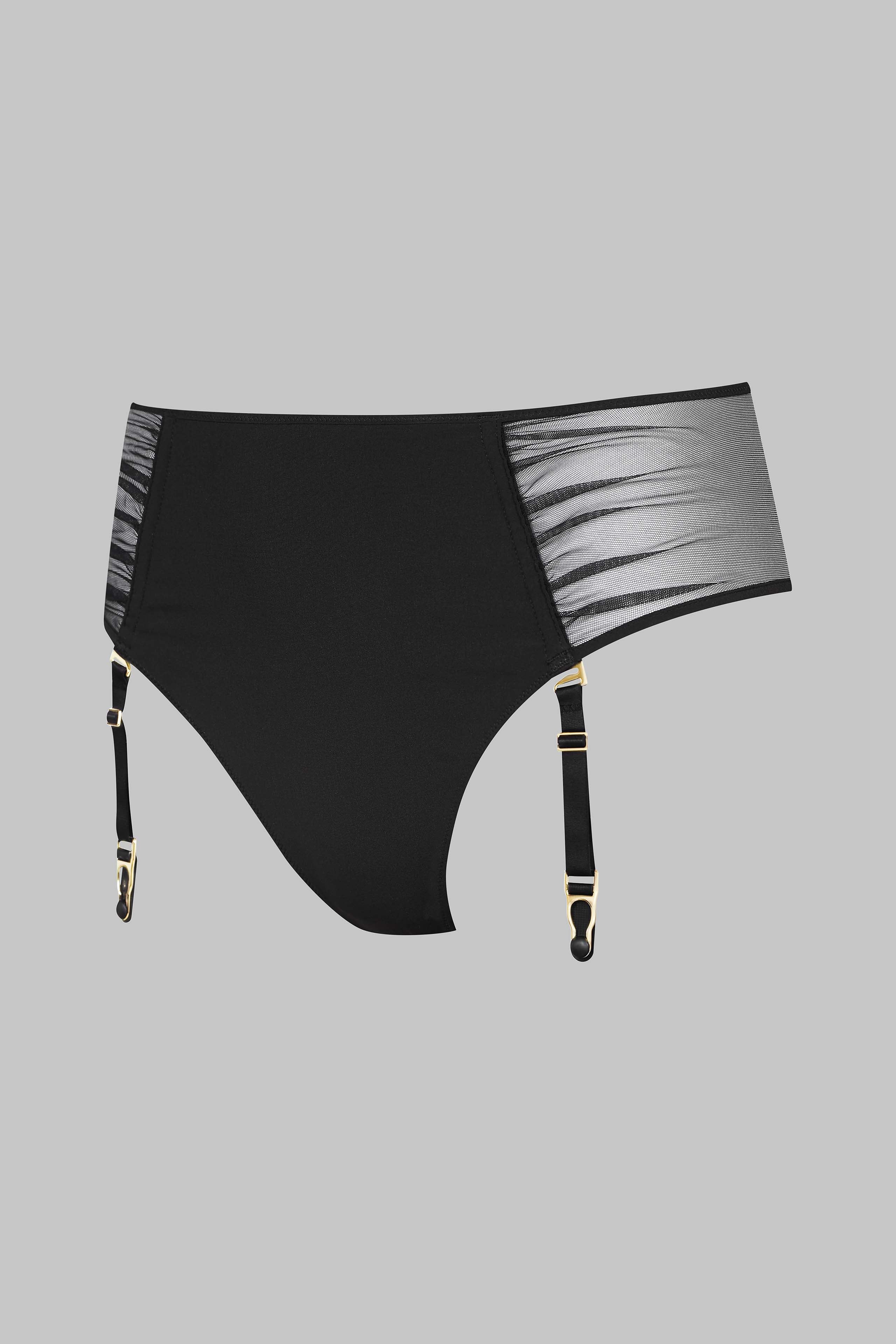 Openable high waist tanga with suspenders - Nuit Fauve