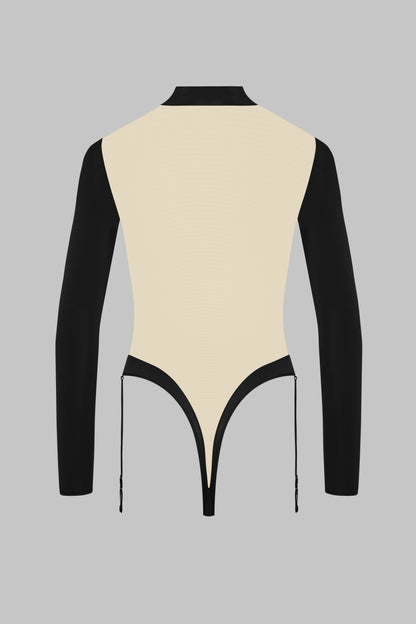 Long Sleeve V-Neck Thong Bodysuit with Garter - Pure Tentation