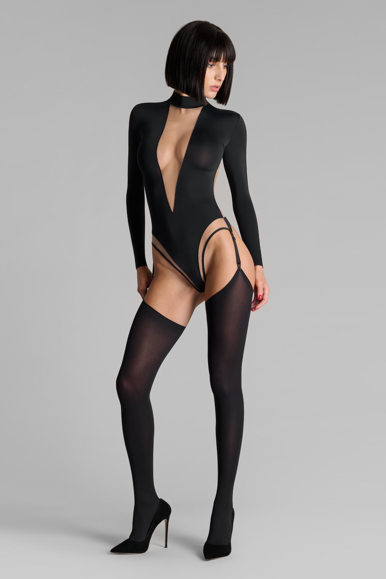 Long Sleeve V-Neck Thong Bodysuit with Garter - Pure Tentation